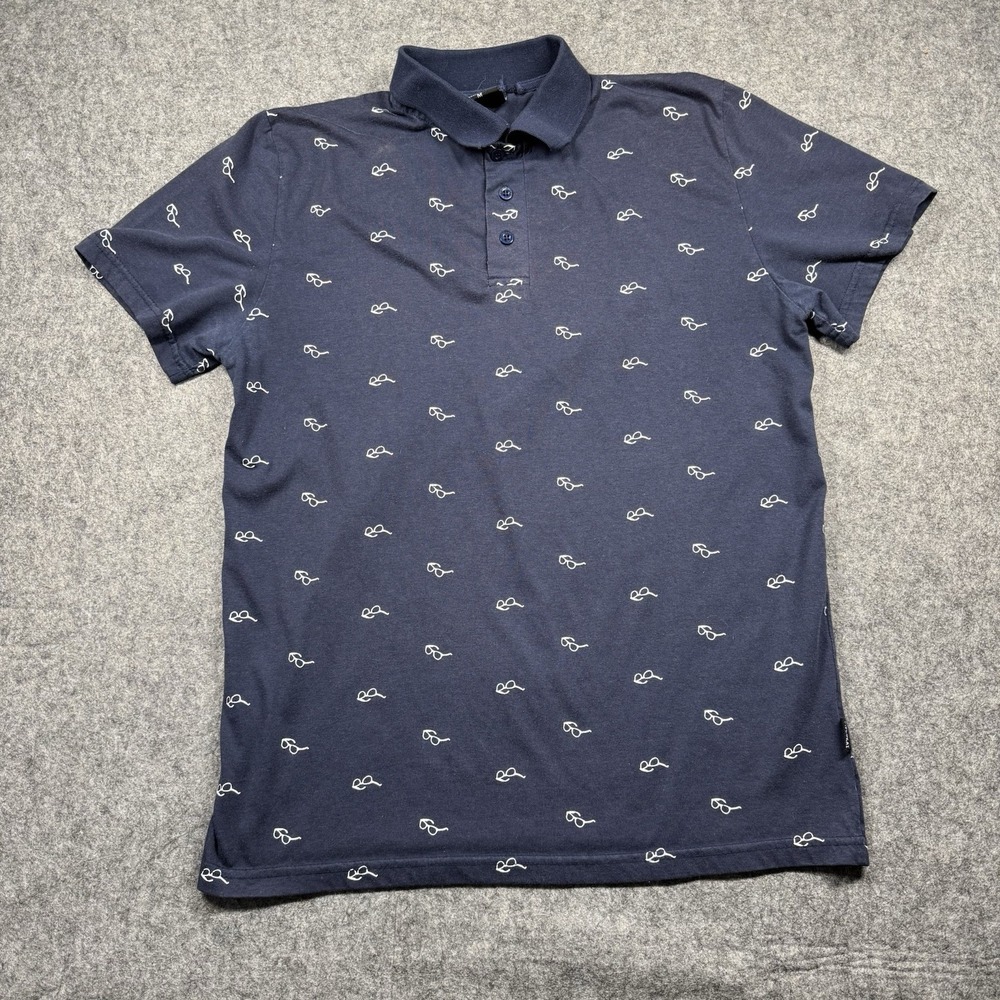Molokai Surf Co Polo Shirt Men's M‎ Blue Graphic Glasses Short Sleeve Casual